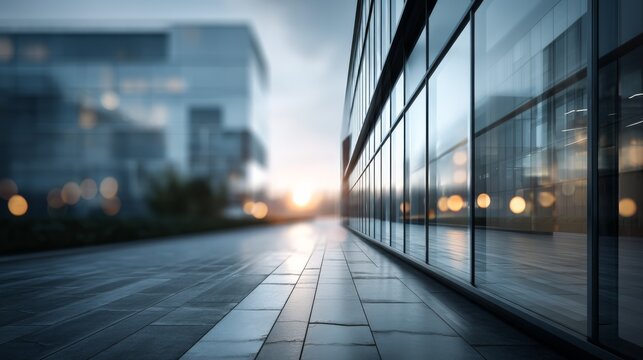 Modern glass office buildings reflecting light at sunset with a sleek, urban walkway in the foreground.