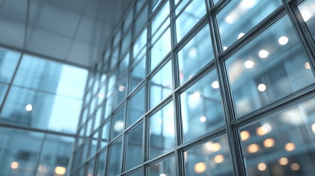 Modern glass building interior with reflective windows and ceiling lights in an urban setting. - Powered by Adobe