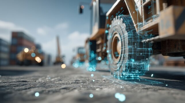 A close-up of a construction vehicle wheel with digital elements, symbolizing smart technology integration on an urban worksite.