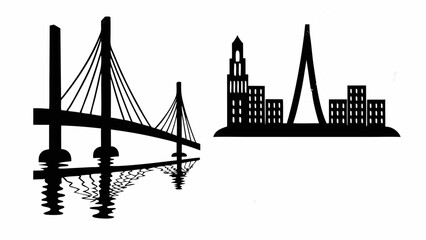 Silhouette of a bridge with reflection and a city skyline with buildings and tower on a white background