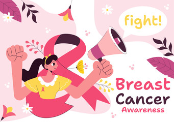 Obraz premium Breast Cancer Awareness Month Vector Illustration of Diverse Women with Pink Support Ribbon for Healthcare Campaign, Solidarity and Medical Prevention