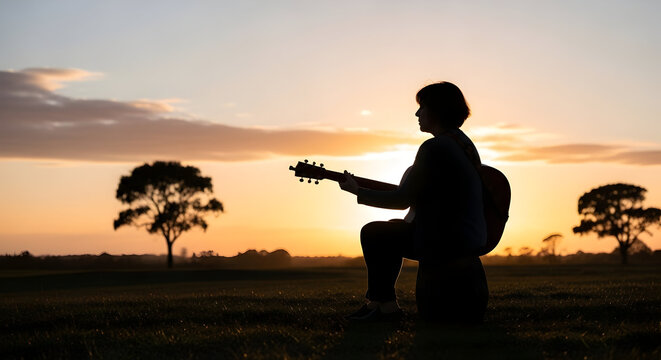 Silhouette of a person playing acoustic guitar while sitting outdoors during sunset with a scenic background of trees and open sky creating a peaceful and inspiring atmosphere for music lovers