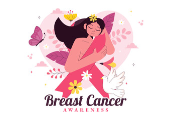 Breast Cancer Awareness Month Vector Illustration of Diverse Women with Pink Support Ribbon for Healthcare Campaign, Solidarity and Medical Prevention