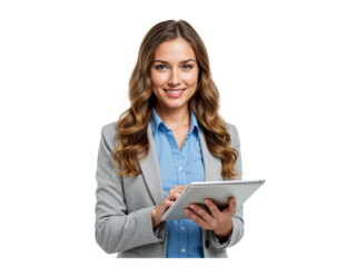 Smiling Businesswoman Using Tablet on Transparent Background