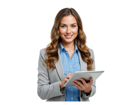 Smiling Businesswoman Using Tablet on Transparent Background