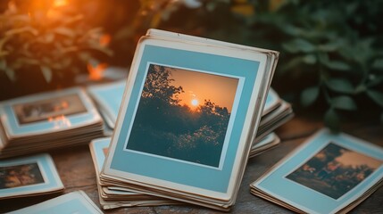 Vintage polaroids scattered on wooden surface