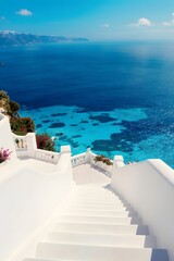 Obraz premium Elegant Sunlit White Staircase Offers Stunning Ocean View