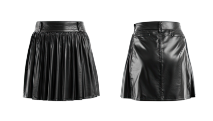 Black pleated leather-look mini skirt, front and back views