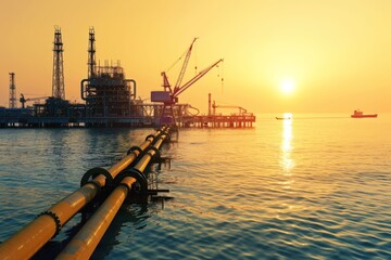 Fototapeta premium Oil rig at sunset with offshore platforms and pipelines reflecting in calm waters