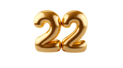 Golden shiny number twenty two on a transparent background