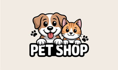 This charming logo design features an adorable dog and cat, perfect for a pet shop, showcasing themes of companionship, happiness, and friendliness to attract pet lovers everywhere.