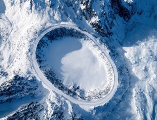 Snow-covered mountain road, aerial view