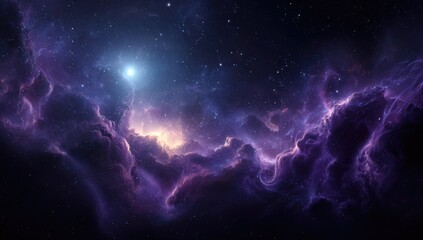 Cosmic nebula, vibrant purple-violet clouds,  stars scattered