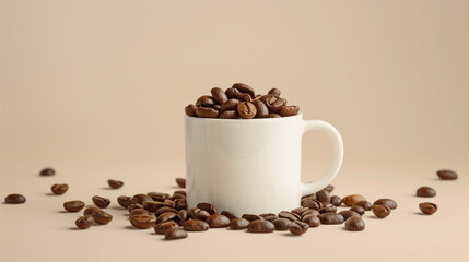 White ceramic coffee mug filled with roasted coffee beans on neutral beige background