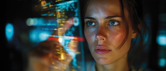 Obraz premium In a futuristic office, a businesswoman examines digital information.