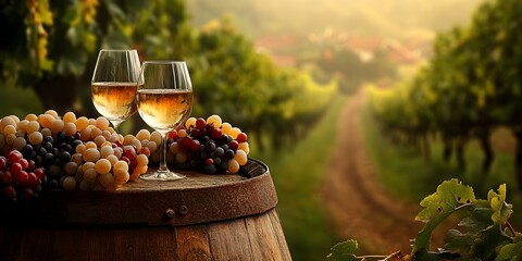 Glass of white wine on a rustic barrel outdoors