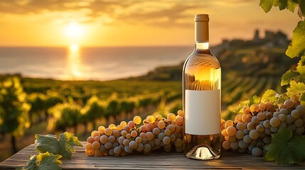 Mock-up of white wine bottle with sunset backdrop