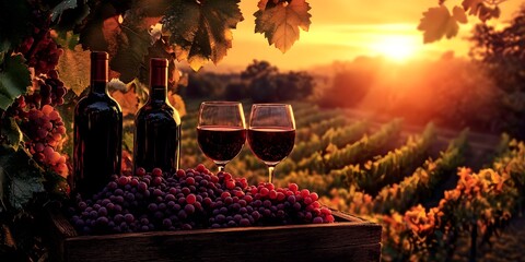 Wine bottle & glasses on a wooden box at sunset
