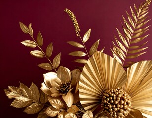 Gold floral arrangement on burgundy backdrop