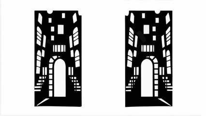 Silhouette illustration of two building interiors with arched doorways and window patterns design art