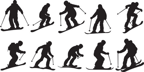 Naklejka premium Silhouette Skiers in Action: Black and White Winter Sport Vector