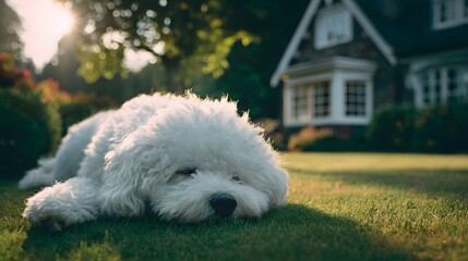 Fluffy white dog resting on a grassy lawn.