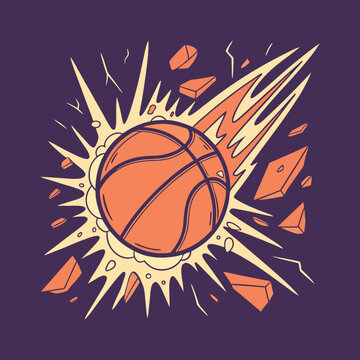 Exploding Basketball with Ice Shards &ndash; Dynamic Sports Illustration in Comic Style .