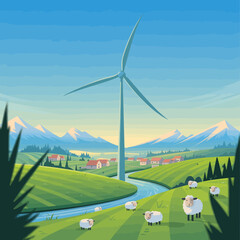 A charming pastoral scene displaying a prominent wind turbine surrounded by hills and sheep, symbolizing sustainable energy in a serene countryside environment.