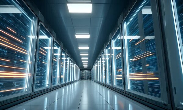 
A long corridor of a data center with light streaks and digital lines flowing across the ceiling, representing fast connectivity between cloud services.