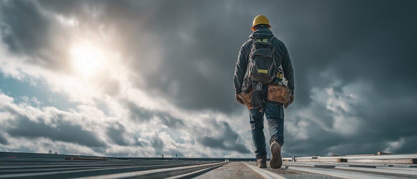 Walking on a rooftop under a foggy sky while wearing safety gear, a construction worker demonstrates the industry's dedication to professionalism and safety. - Powered by Adobe