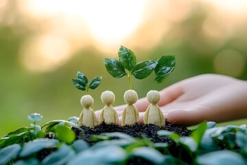 Group hands supporting a young green plant