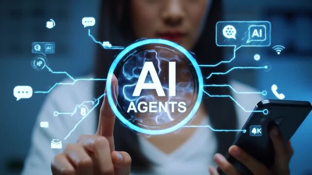 Businessman using AI agent interface for smart automation and digital communication. Concept of artificial intelligence, chatbot, virtual assistant, and generative AI technology - Powered by Adobe