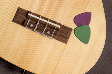 ukulele and picks on a gray background. with space for the text. life style