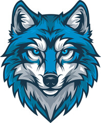 A stylized, blue and white wolf head with piercing blue eyes, depicted in a cartoonish, vector style.