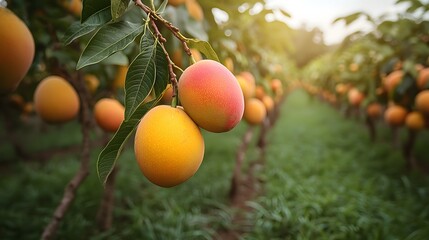 Mango trees with golden fruit in a tropical garden