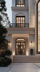Create a stunning architectural design showcasing a blend of modern and classical elements, featuring sleek lines, intricate details, and a harmonious balance between form and function