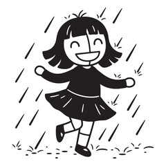 Fototapeta premium Happy little girl dancing and playing in the rain monochrome black and white illustration