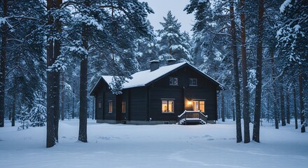 Naklejka premium Cozy Winter Cabin in Snowy Forest at Dusk