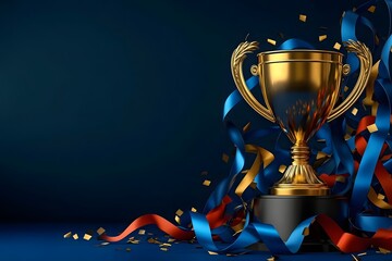 Trophy with golden ribbons on a blue backdrop