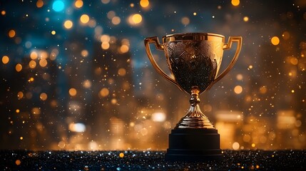 Award-winning golden trophy in soft bokeh light