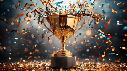First-place trophy surrounded by falling confetti