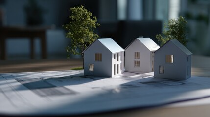 Architectural model of modern suburban houses with minimalist white facades and small trees, placed on detailed blueprints on a wooden table in a sunlit design studio interior