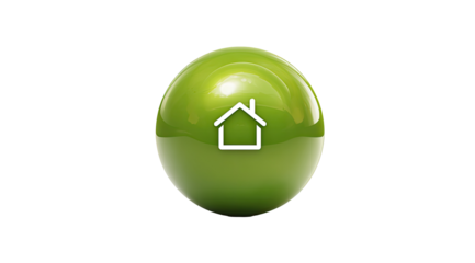 A glossy, lime-green sphere button, with a white house icon