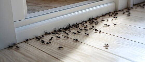 Black ants crawling near a white door threshold