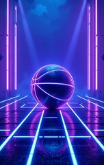 a futuristic glowing basketball on a neon-lit cyberpunk court, blue and purple gradient background, metallic floor with glowing lines, high contrast lighting, sci-fi atmosphere, minimal futuristic 