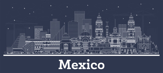 Obraz premium Outline Mexico City Skyline with white Buildings. Business Travel and Tourism Concept with Historic Architecture. Mexico Cityscape with Landmarks.