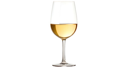 Close up of a wine glass filled with a light colored liquid