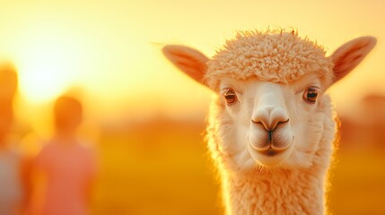 Obraz premium Close up of a fluffy alpaca s face at sunset