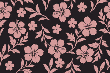 Seamless hibiscus floral pattern in soft pink on black background. Elegant tropical design perfect for fabric, fashion, wallpaper, and stylish decoration.