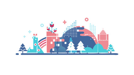 Naklejka premium A modern abstract city landscape with colorful buildings, trees, and geometric shapes creating a vibrant urban scene